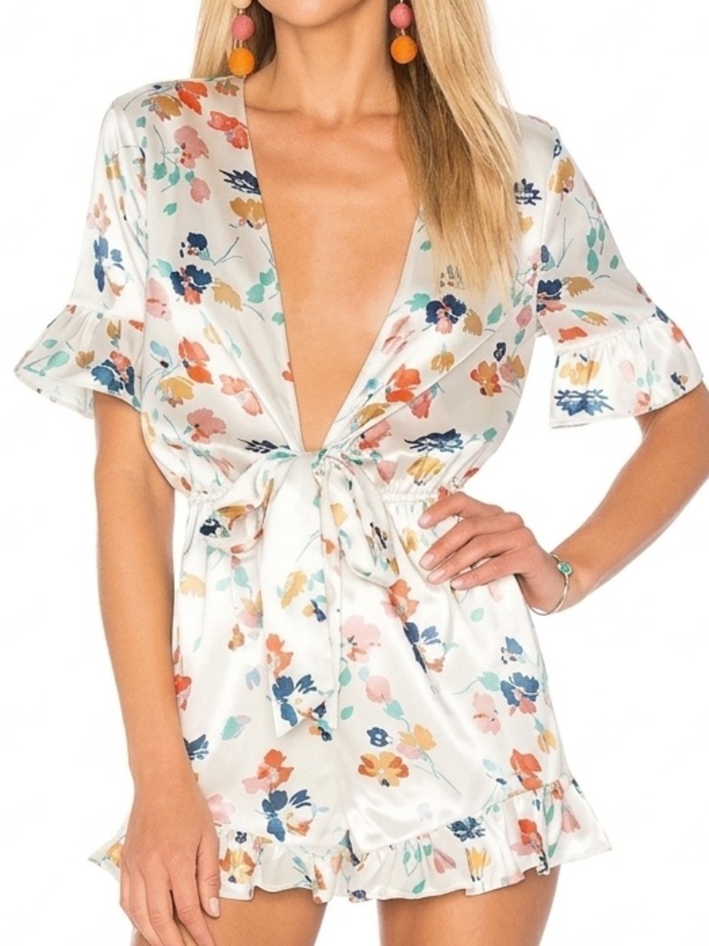 Tularosa| Luxury White Satin Floral Pastel Tie-Front Ruffled Deep-V Romper Sz S